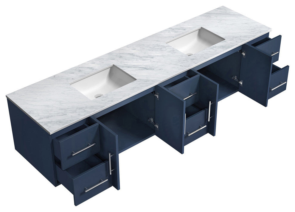 Geneva 84 Navy Blue DB Vanity, White Carrara Marble Top, Square Sinks, no Mirror