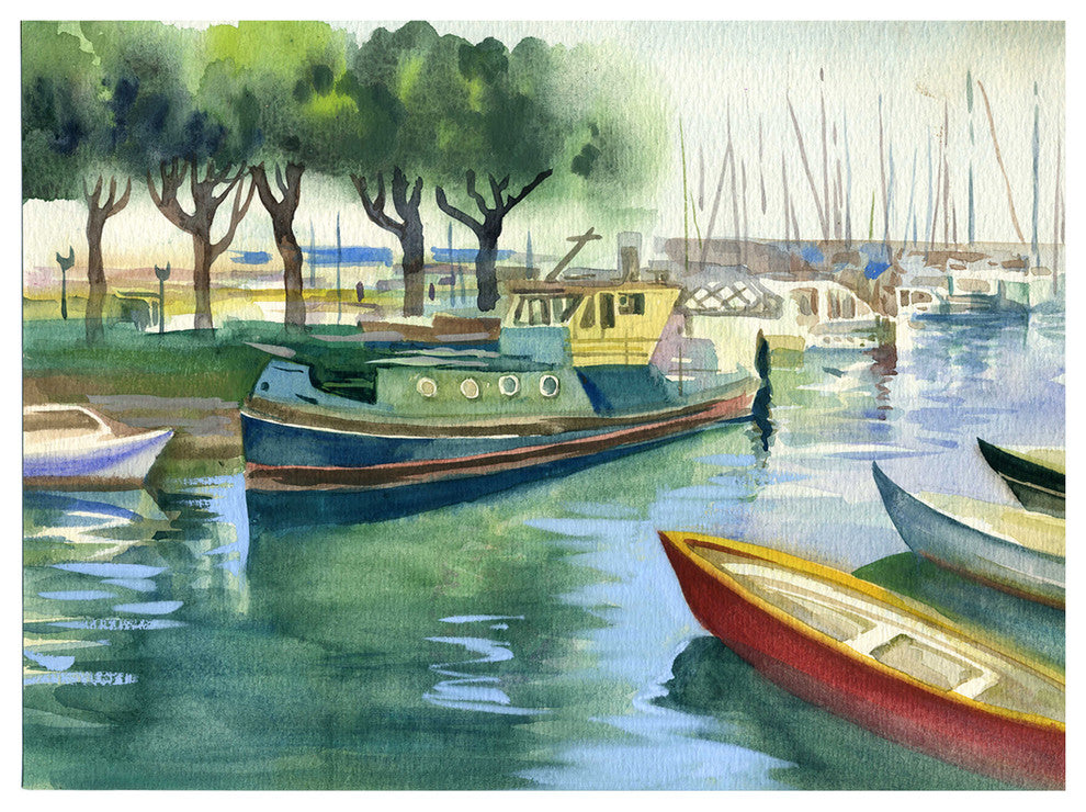 Boats in River Watercolor, Landscape Canvas Art Print, 40"x30"