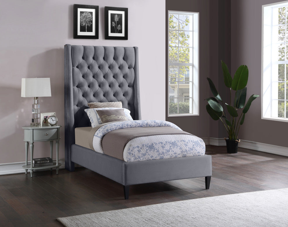 Fritz Velvet Upholstered Bed, Gray, Twin