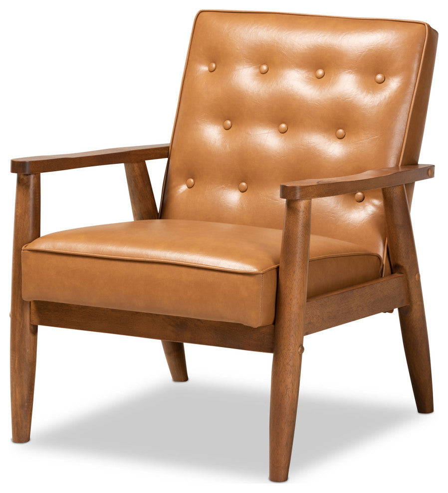 Sorrento Mid-Century Tan Faux Leather and Walnut Wood Lounge Chair