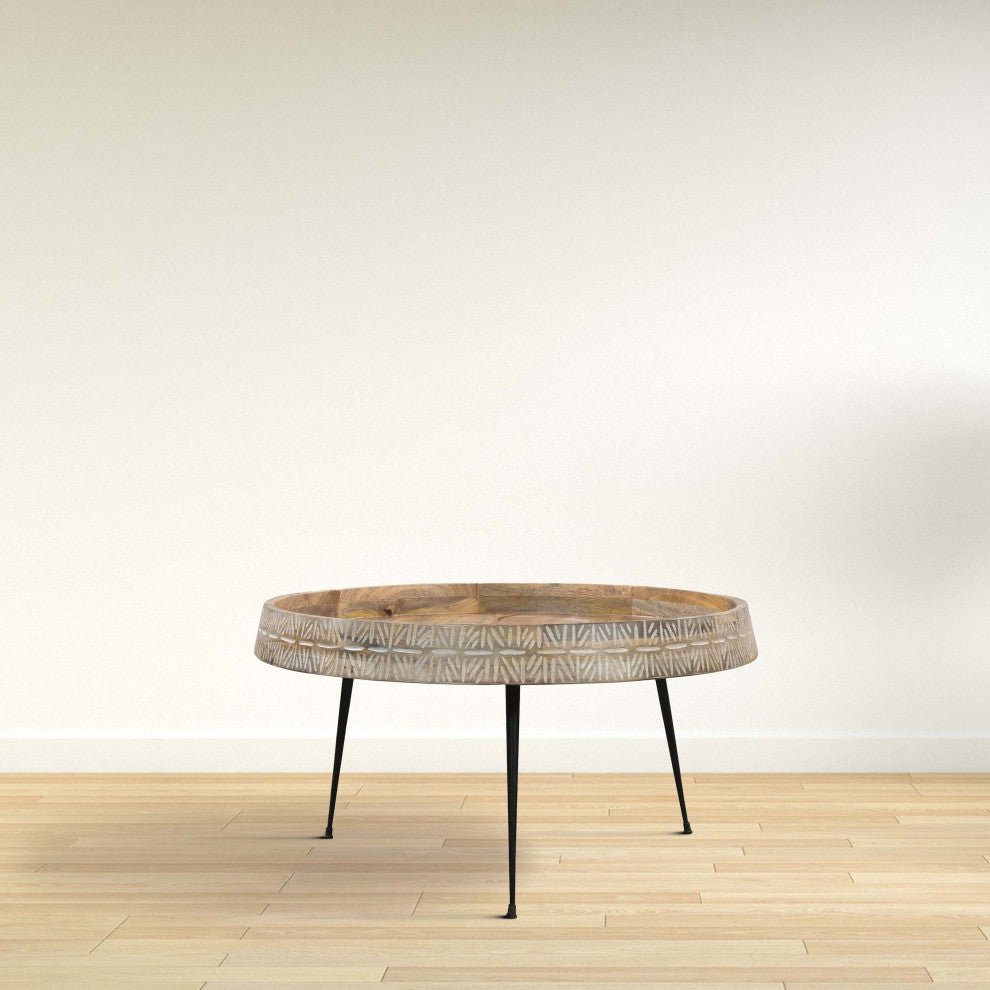 29" Coffee Table Round Handcrafted Mango Wood Carved Edge Black Iron Legs