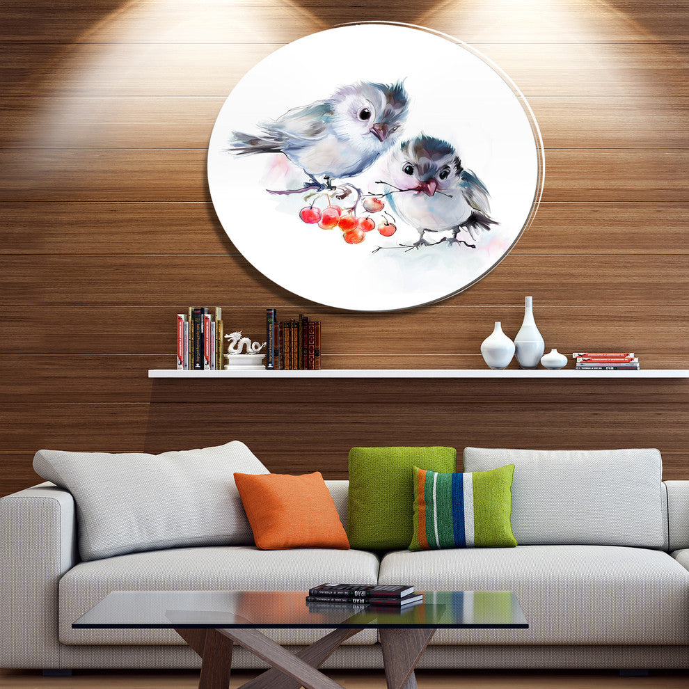 Birds On Branch With Red Berries, Animal Large Disc Metal Wall Art, 38"