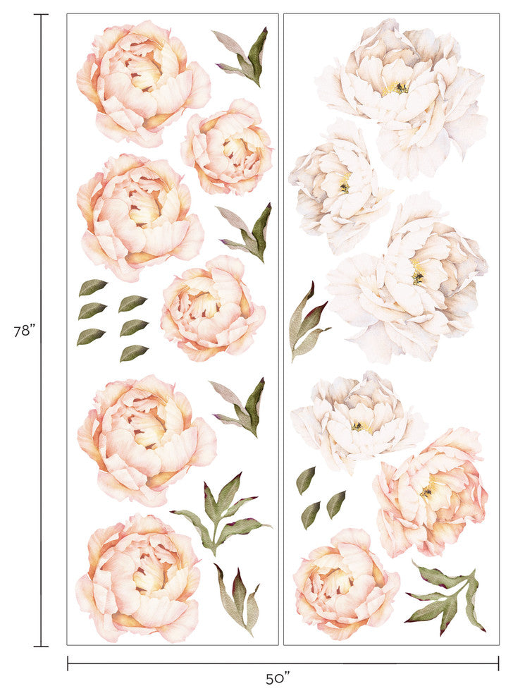 Peony Flowers Vinyl Wall Sticker, Large Set, Vintage Peach