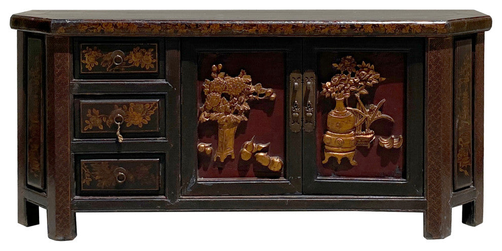 Chinese Distressed Brown Golden Flower Motif TV Console Table Cabinet Hcs6127