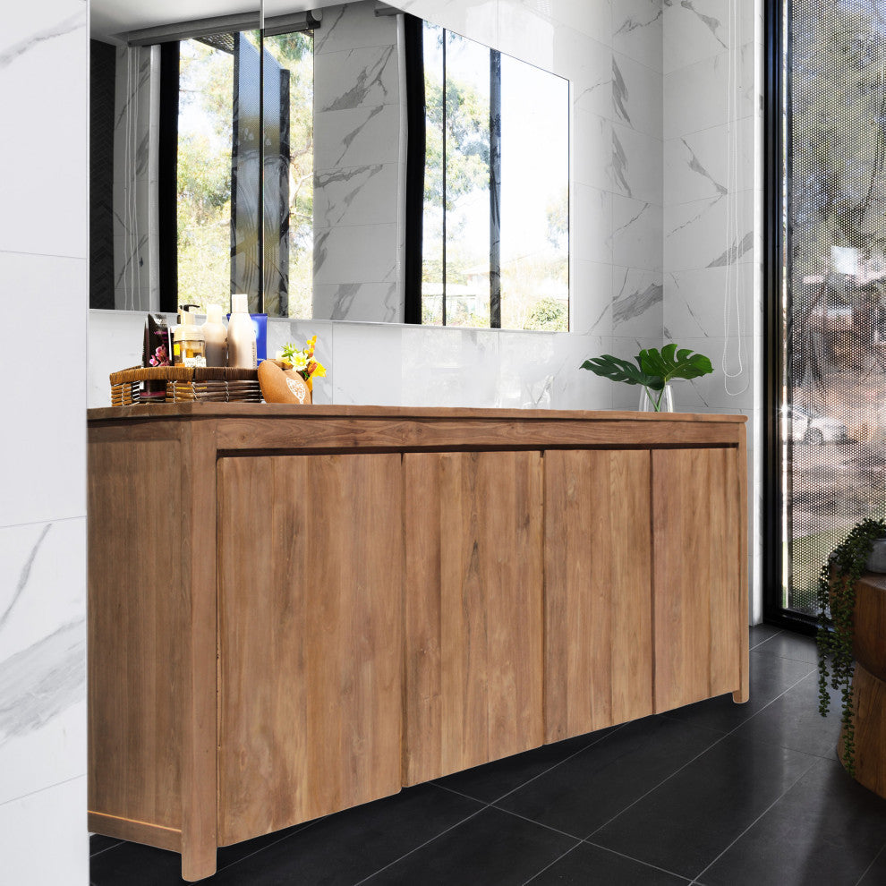 Recycled Teak Wood Valencia Large Bathroom Linen Cabinet With 4 Doors
