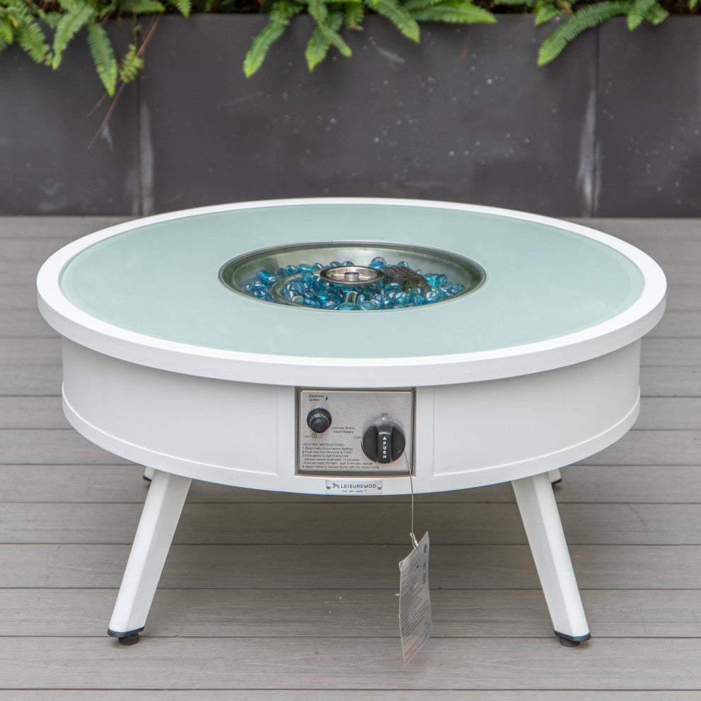 LeisureMod Walbrooke White Patio Conversation Set With Fire Pit, Red