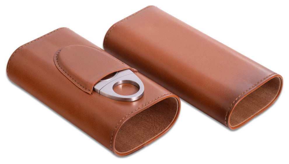 Brown Leather 3 Cigar Holder, Stainless Steel Cutter