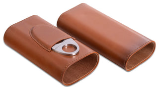 Brown Leather 3 Cigar Holder, Stainless Steel Cutter