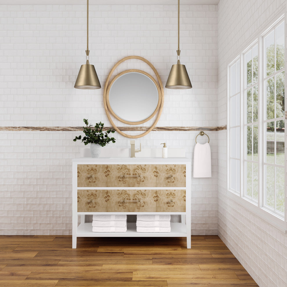 Olena 48" Single Vanity, White, 1-Hole 3 CM White Zeus Top, Backsplash