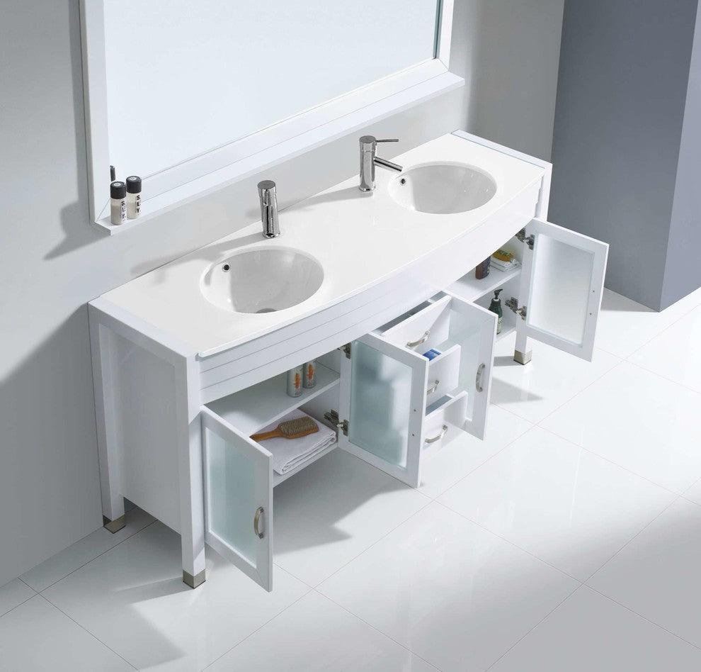 Virtu Ava 71" Double Bathroom Vanity, White With White Top, Faucet and Mirror