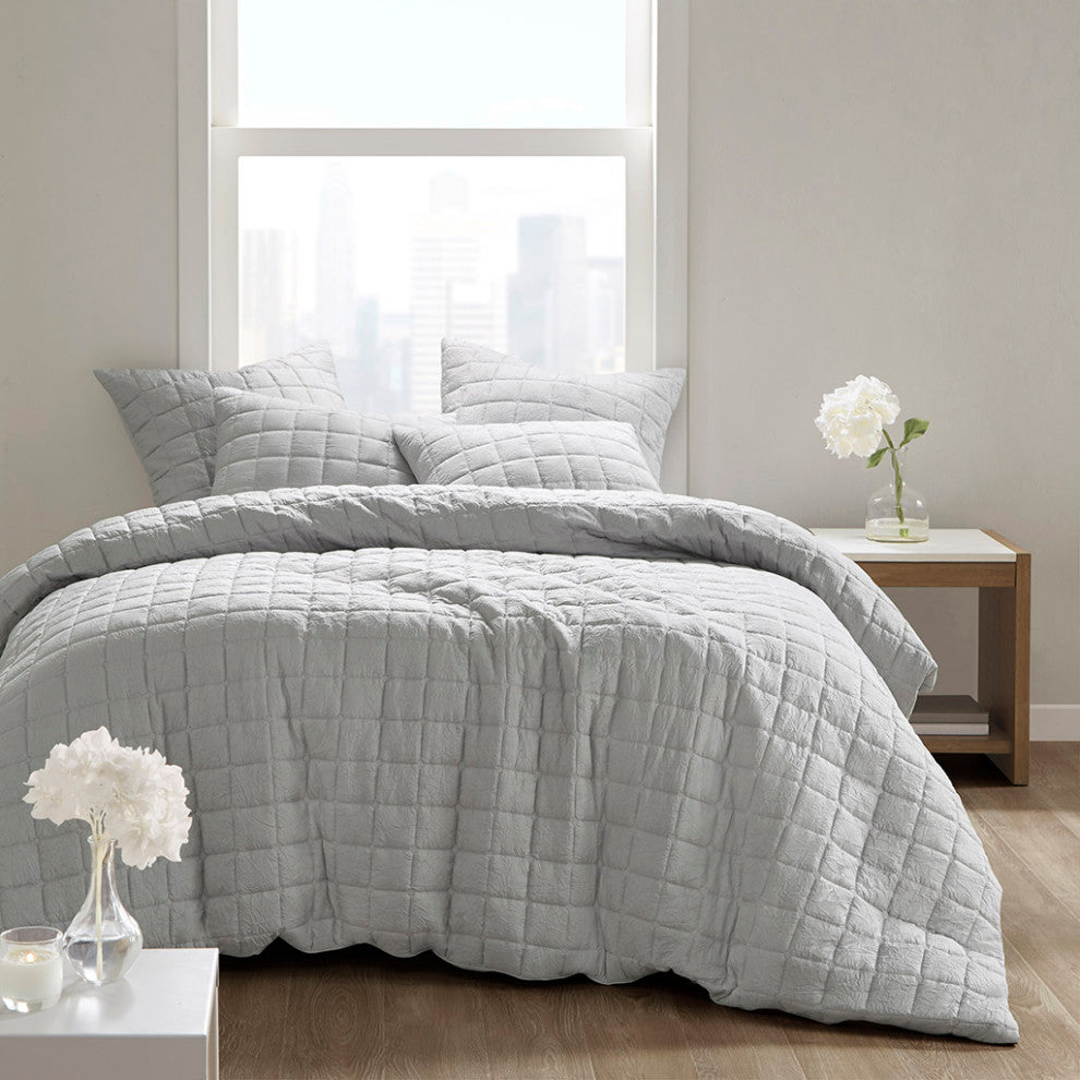 N Natori Cocoon Crushed Microfiber Quilted Euro Sham Cover, Grey