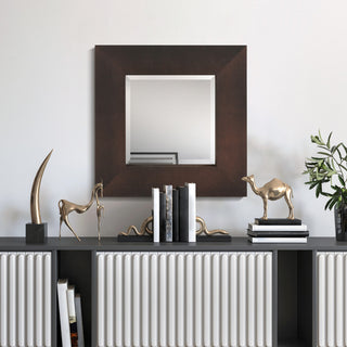Beveled Wall Mirror, Bronze on Black Metallic Shagreen Leather Framed Mirror