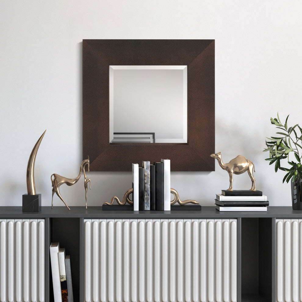 Beveled Wall Mirror, Bronze on Black Metallic Shagreen Leather Framed Mirror