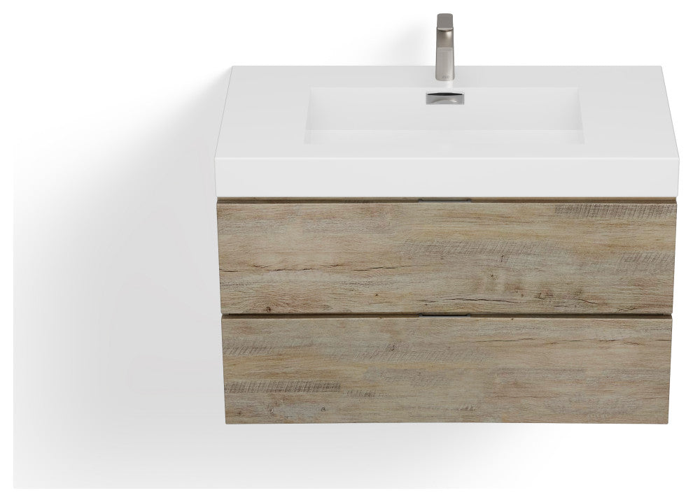 Boutique Bath Vanity, Natural Wood, 36", Single Sink, Wall Mount