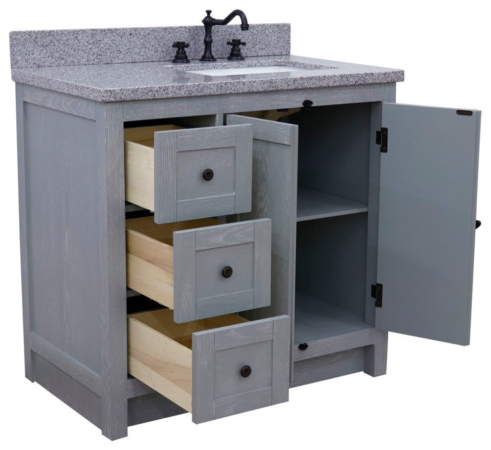 37" Vanity, Gray Ash With Gray Granite Top, Right Doors/Right Rectangle Sink