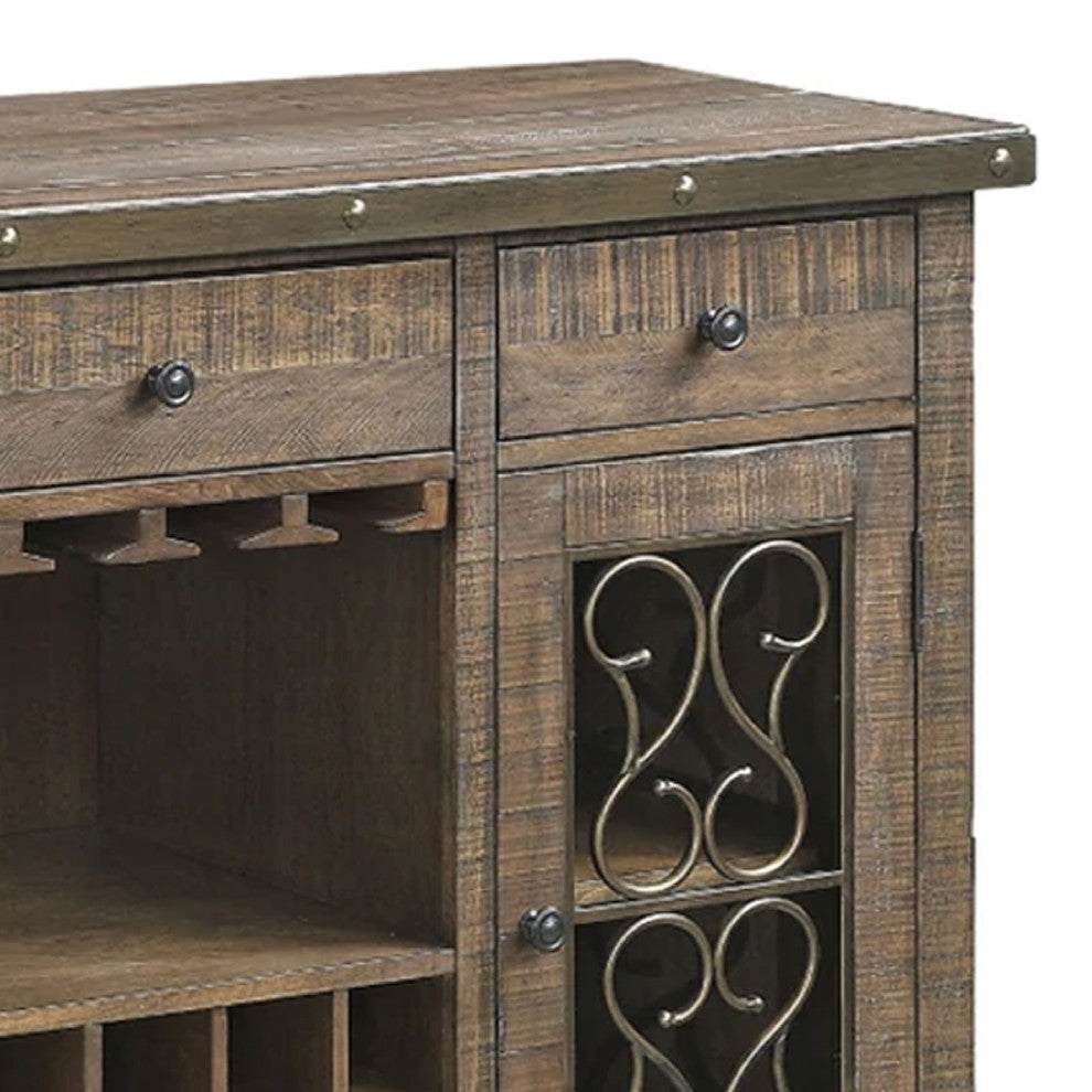 Benzara BM275677 Wood Sideboard Wine Bar Cabinet, Metal Scroll, Rustic Brown