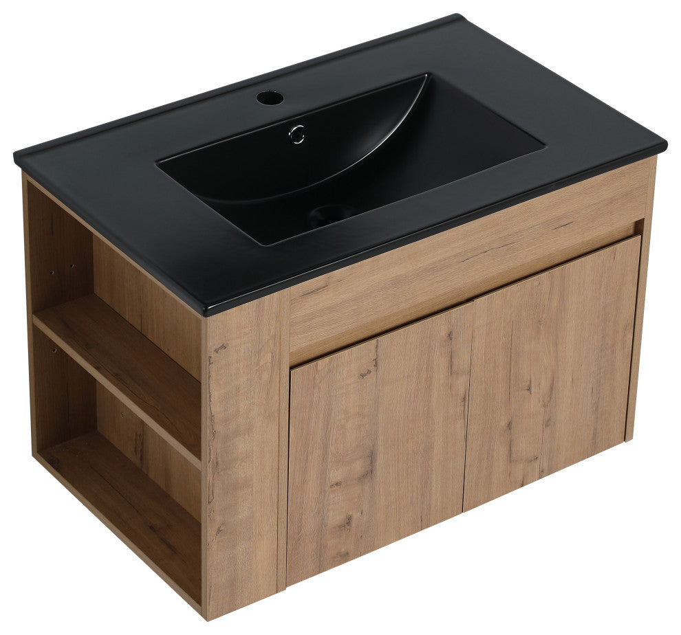 TATEUS Wall-mounted Bathroom Vanity With Ceramic Basin 30", Imitative Oak/Black Ceramic