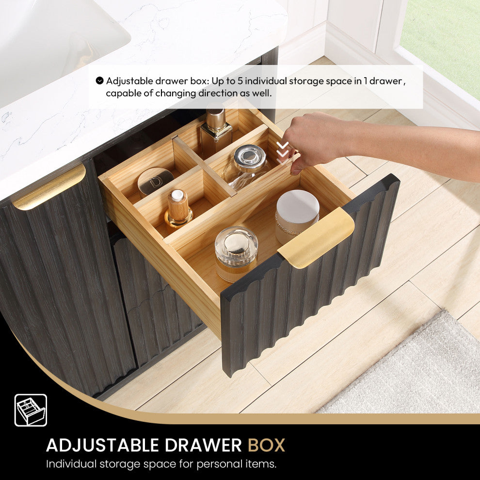 Vinnova Cadiz Bath Vanity, Composite Stone Top, Black, 36", No Mirror
