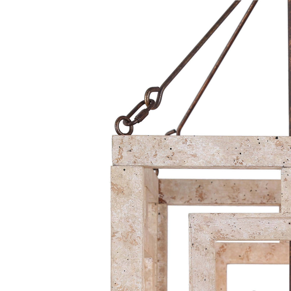 LNC Farmhouse 4-Light Bronze/Off-White Sqaure Wood Chandelier