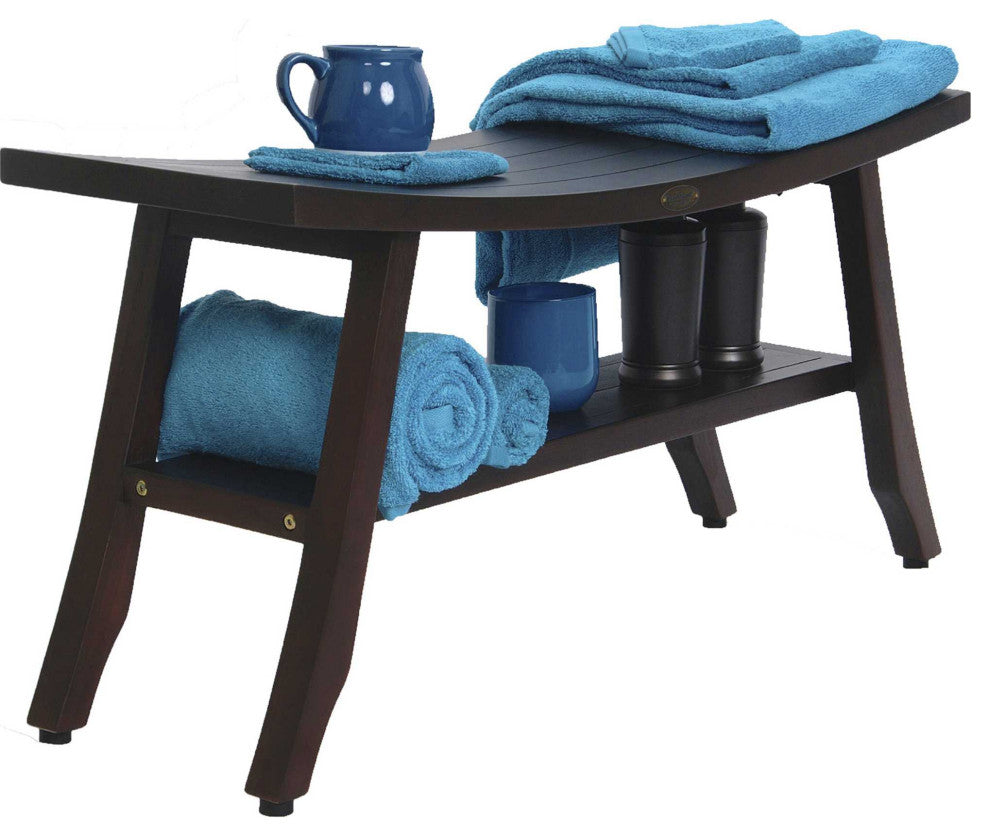 HomeRoots Contemporary Teak Shower Bench With Shelf, Brown Finish