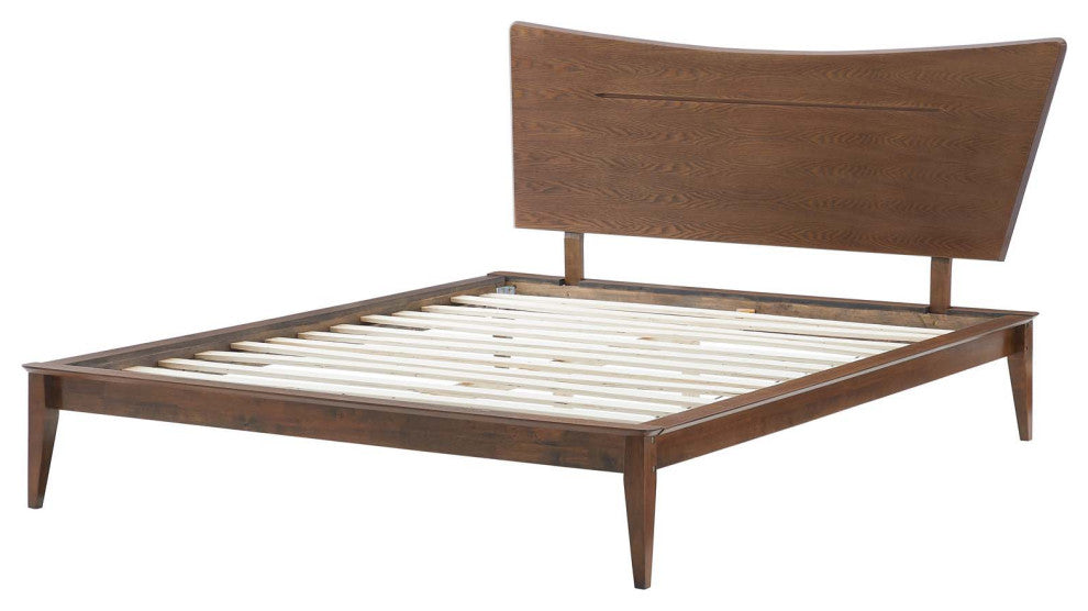 Platform Bed Frame, King Size, Wood, Brown Walnut, Modern Mid-Century, Bedroom