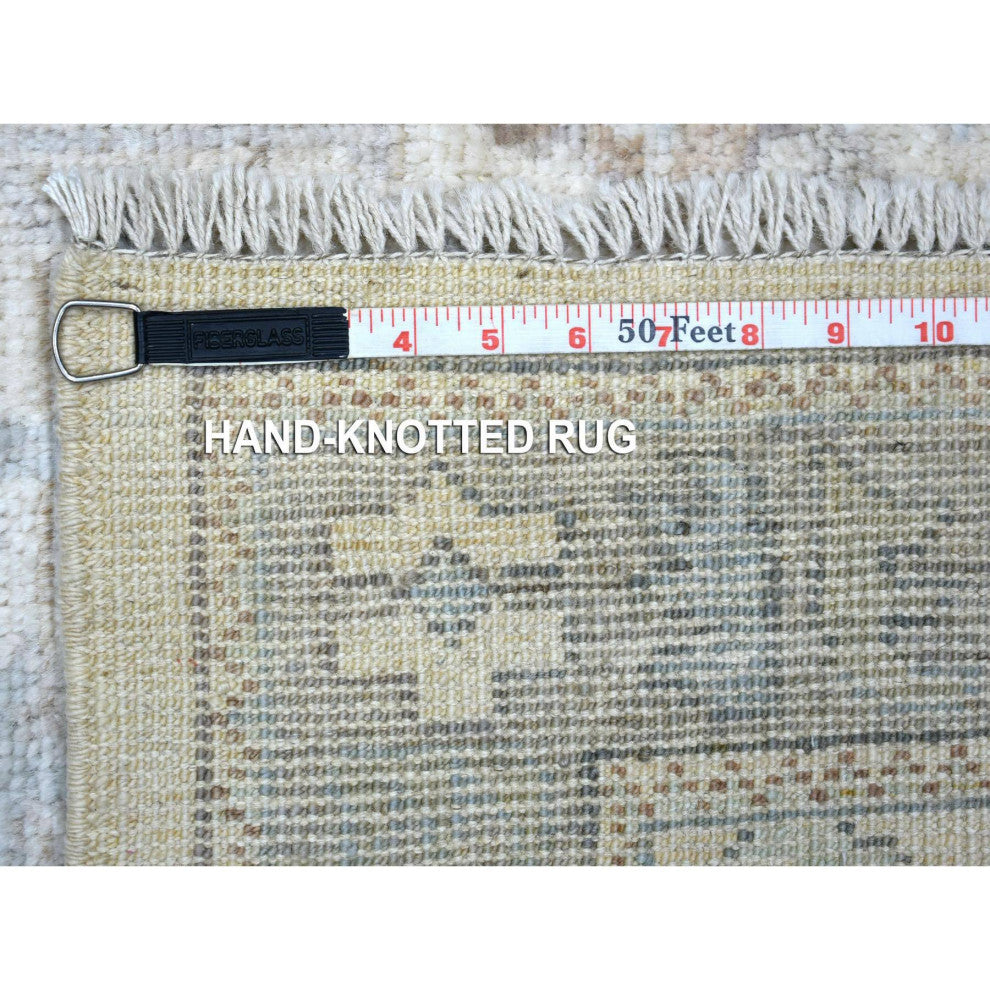 Ivory, Hand Knotted Angora Ushak, Afghan Wool Runner Rug, 3'0"x10'0"