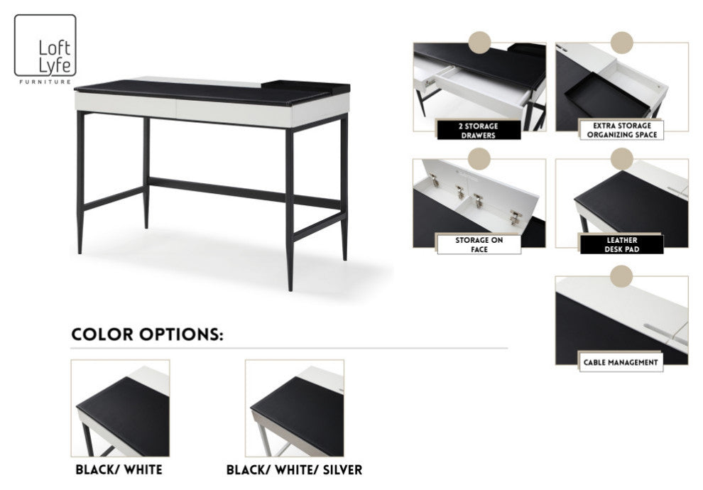 Loft Lyfe Kinzlee Desk, 2 Storage Drawers, Black/White