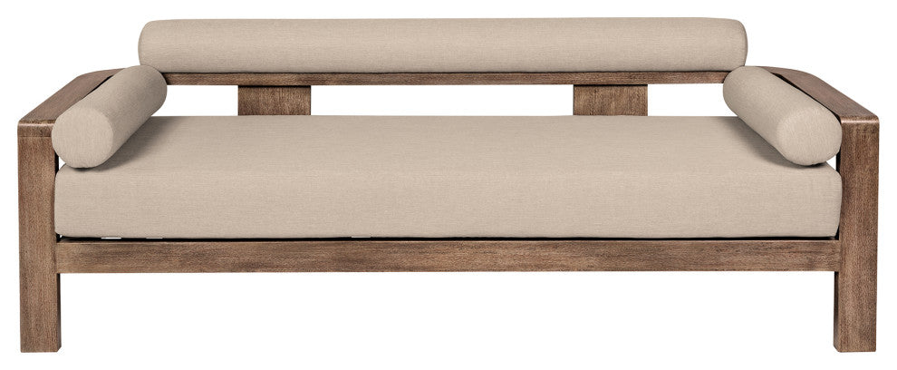 Relic Outdoor Patio Sofa, Weathered Eucalyptus Wood With Taupe Olefin Cushions