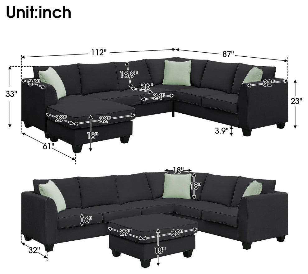 7-Seat Fabric Modular Sectional Sofa Couch Set with Ottoman and Pillows, Black