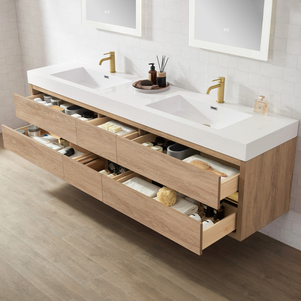 Palencia Floating Bath Vanity With Composite Stone Top, North American Oak, 84", No Mirror