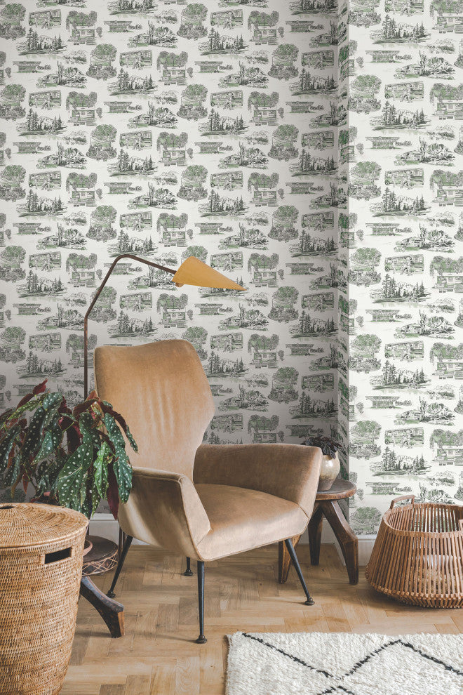 Modern Vista Toile Evergreen Wallpaper