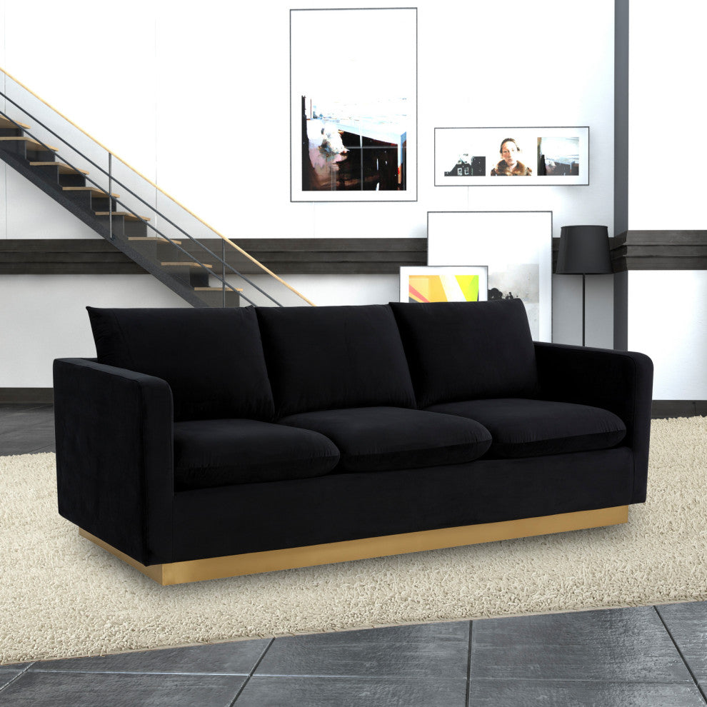 Leisuremod Nervo Modern Mid-Century Upholstered Velvet Sofa With Gold Frame