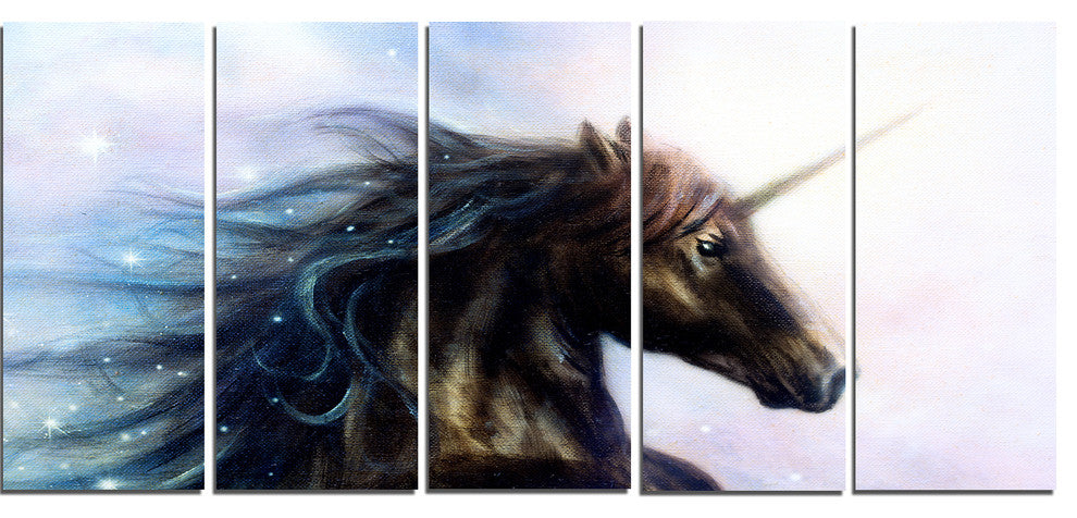 "Black Unicorn" Animal Digital Canvas Print, 5 Panels, 60"x28"