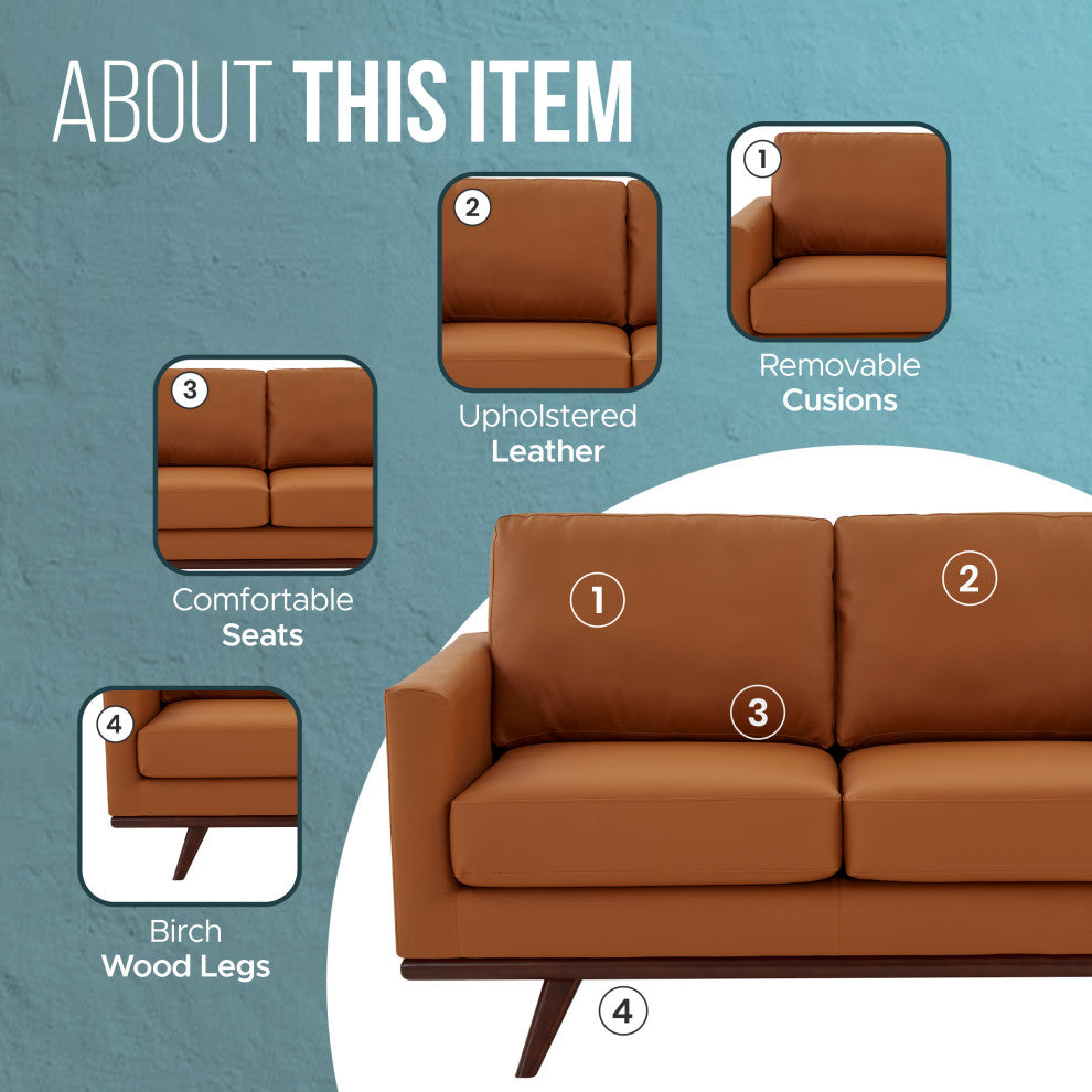 LeisureMod Chester Modern Leather Loveseat With Birch Wood Base, Cognac Tan