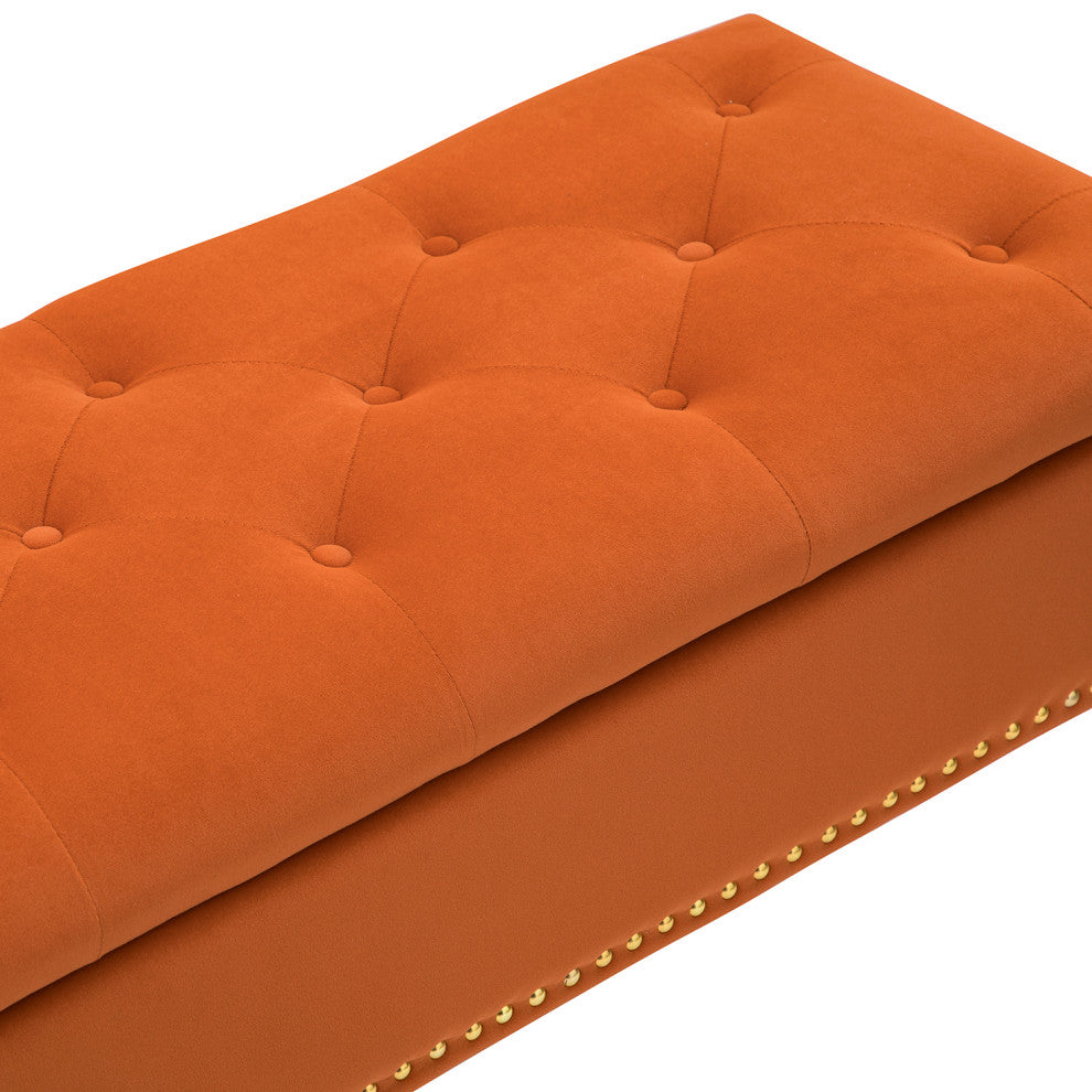 Button-tufted Storage Bench with Nailhead Trim, Orange