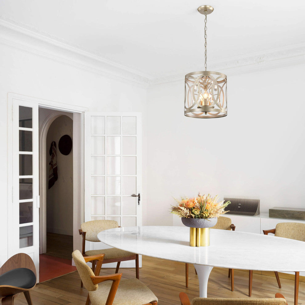 Silvia 3-light Light Brushed Champagne Silver Metal Cage Drum Chandelier