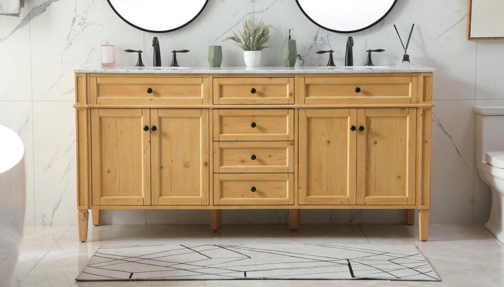 Home Living Vanity with Carrara White Marble Countertop, Natural Wood, 72", Double Sink