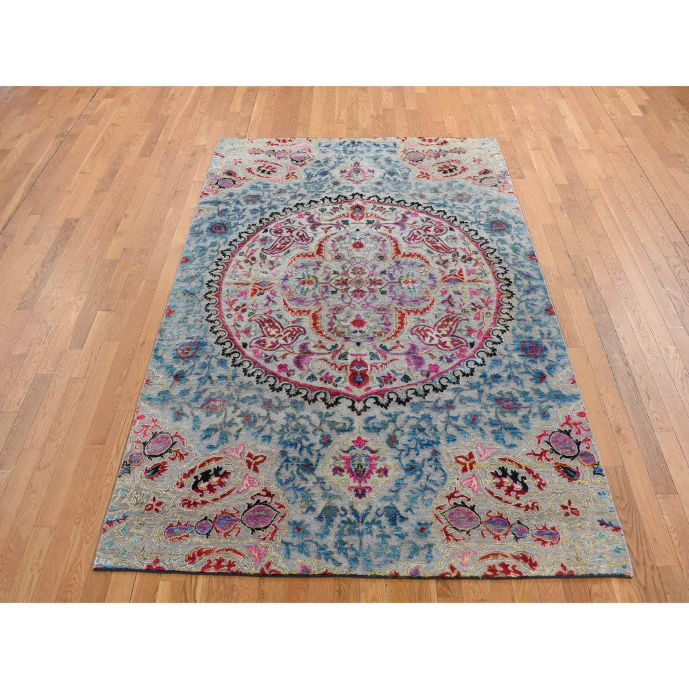 Tan Brown, Maharaja Design, Sari Silk and Wool Hand Knotted Rug, 6'x9'