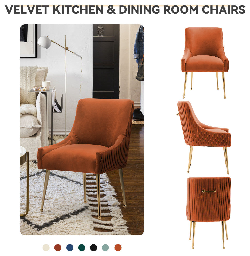 Glam Pleated Velvet Dining Chair Set of 2, Tufted Side Accent Kitchen Chair, Orange