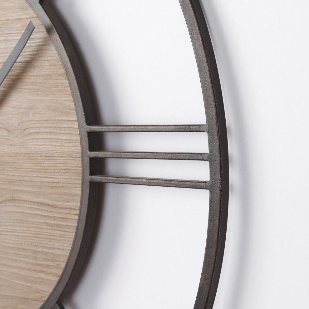 Brielle Black Iron And Brown Wood 30" Round Wall Clock