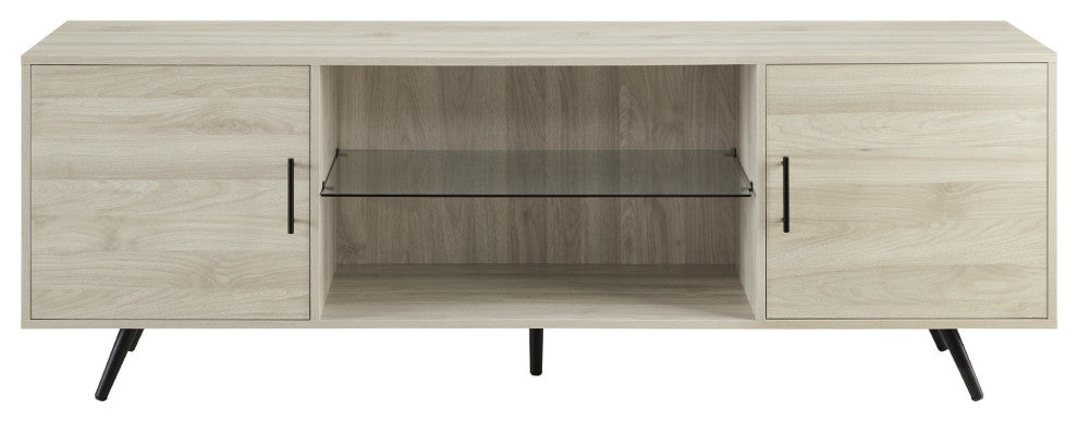 Retro Modern TV Stand, Angled Legs With Side Cabinets & Glass Shelf, Birch