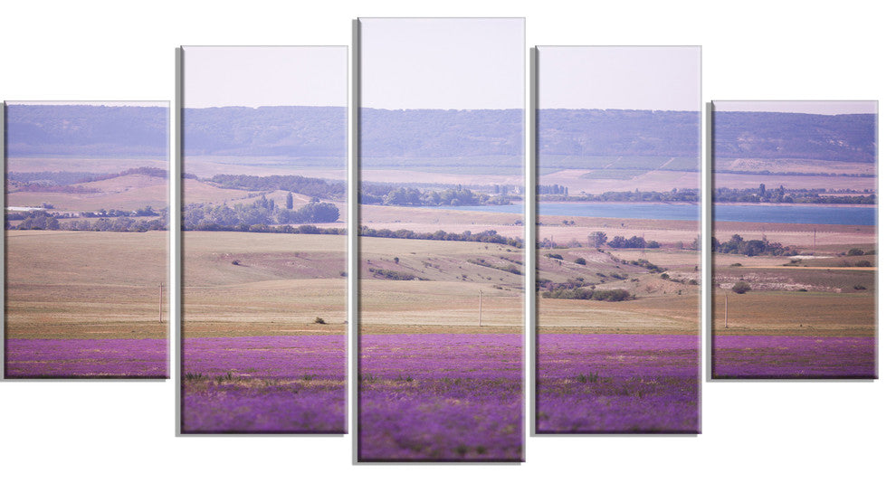 Calm Sunset over Lavender Field, Floral Canvas Art Print, 60"x32", 5 Panels