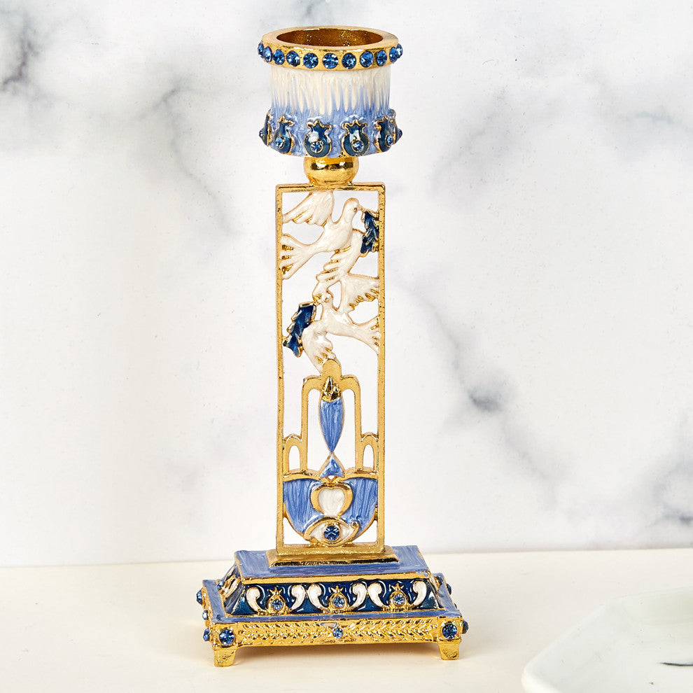 Matashi Shabbat Candlestick Holder (2-Piece Set) Hand-Painted Pewter(Blue)