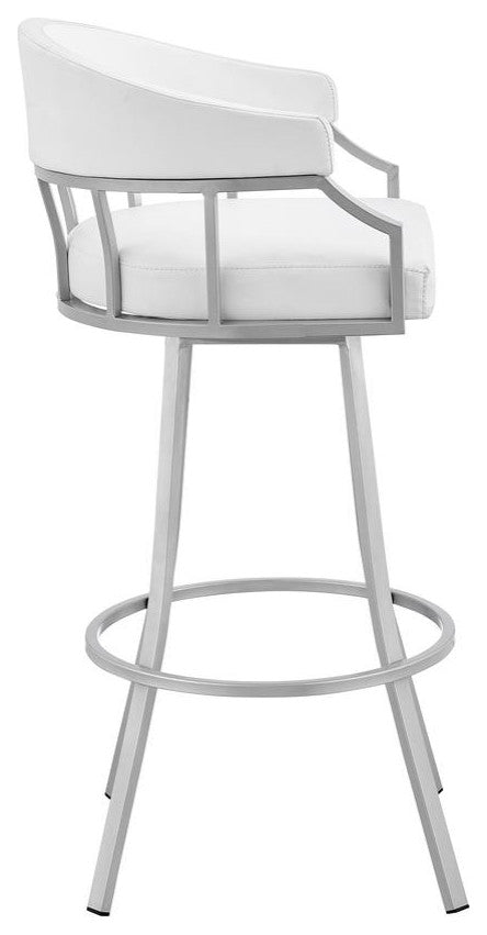 Swivel White Faux Leather and Silver Metal Bar Stool