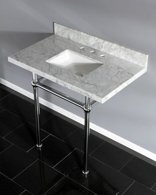 36X22 Marble Vanity Top w/Brass Console Legs, Carrara Marble/Polished Chrome