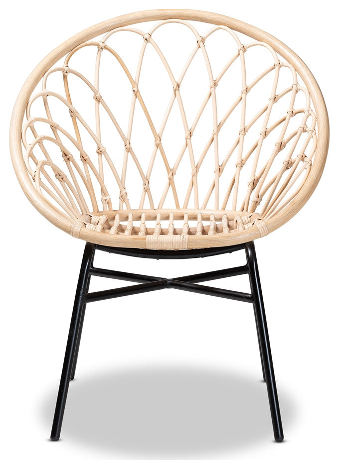 Modern Bohemian Natural Brown Rattan and Black Metal Chair, Intertwine Accents