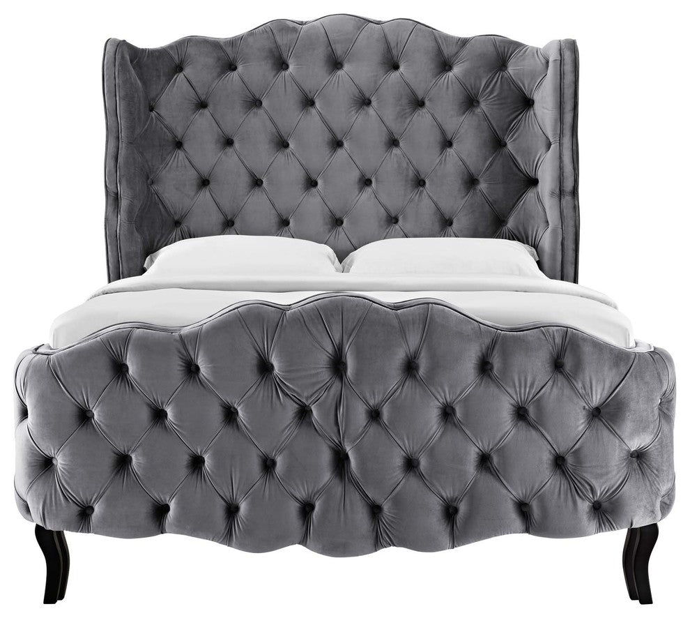 Violette Queen Tufted Wingback Performance Velvet Platform Bed, Gray