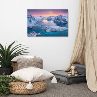 Reine at Winter Sunset Icy Mountain Landscape Photo Canvas Wall Art Prints, 24" X 36"