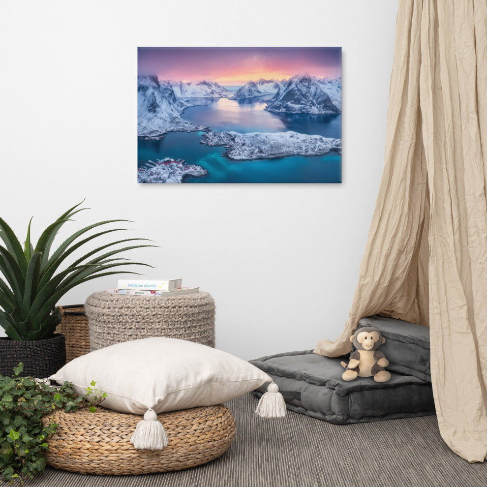 Reine at Winter Sunset Icy Mountain Landscape Photo Canvas Wall Art Prints, 24" X 36"