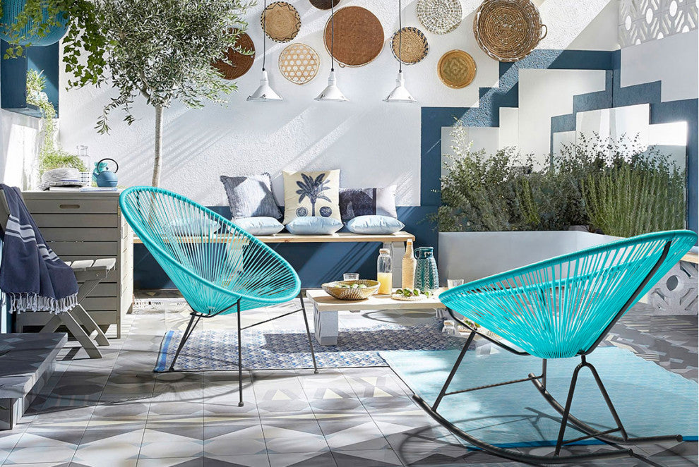 HomeRoots Set of 2 Aqua Blue Round Bungee Style Rocking Chairs